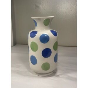 White Ceramic Vase with Large Green & Blue Polka Dots MCM Art Deco Style